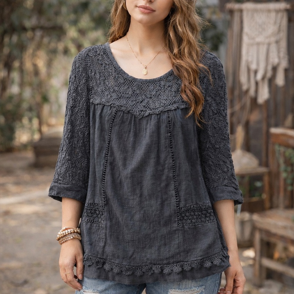 Anthropologie Meadow Rue Lace Boho XS Gray Long Sleeve Crochet Peasant Blouse‎